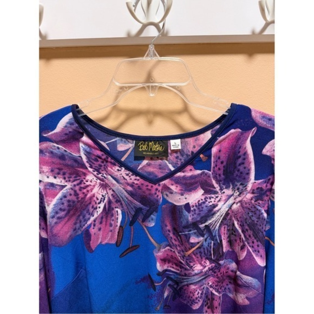 Bob Mackie Wearable Art Floral Long Sleeve Blouse Blue Purple Jersey Knit Lg - Picture 8 of 15